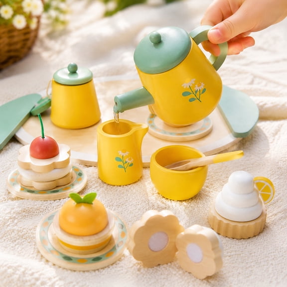 Natural Wooden Kids Pretend Play Tea Party Set, Toddler Stand Dessert Playset with Teapot Cups Tray Food Accessories, Montessori Educational Toy, Birthday Gift for Boys Girls Ages 3 4 5 6 Years Old