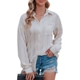 thumbnail image 1 of Camisa holgada de gasa de manga larga con botones a rayas para mujer Camisas de gran tamaño Irfora Beige/Pequeña, 1 of 7