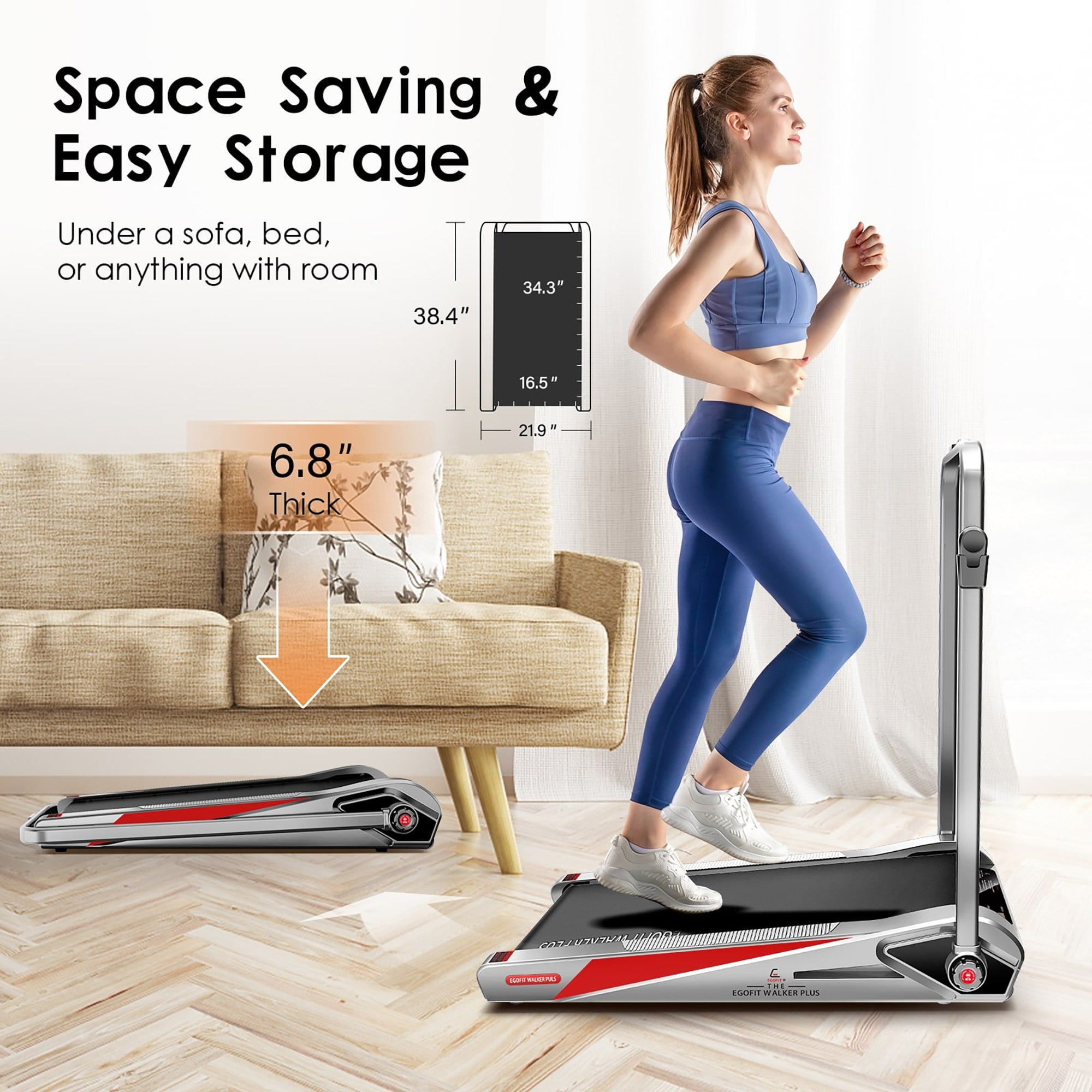 EGOFIT: Walker Plus M1T - Cool Grey - 2-In-1 Folding Handlebar Pad Treadmill: Walking & Jogging, 5% Incline, Remote Control, 220lb Cap, 0.62-3.7mph