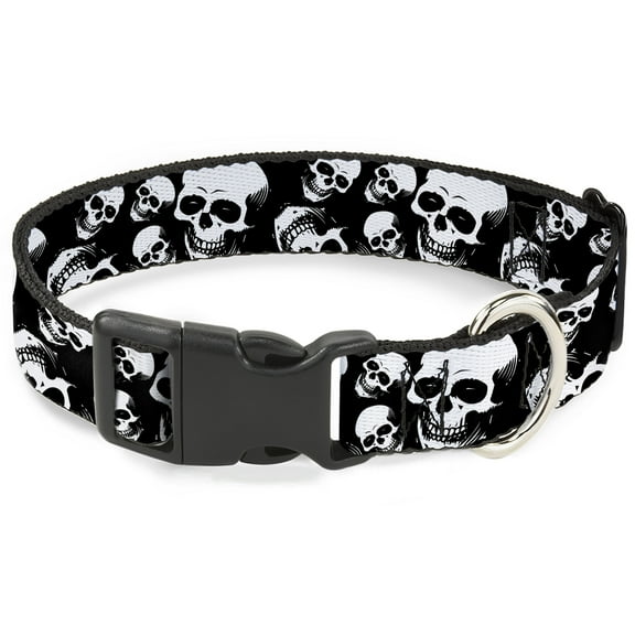 Buckle-Down Pet Collar, Dog Collar Plastic Buckle, Smiling Vivid Skulls Black White Grays, 7 to 8.5 Inches 0.5 Inch Wide