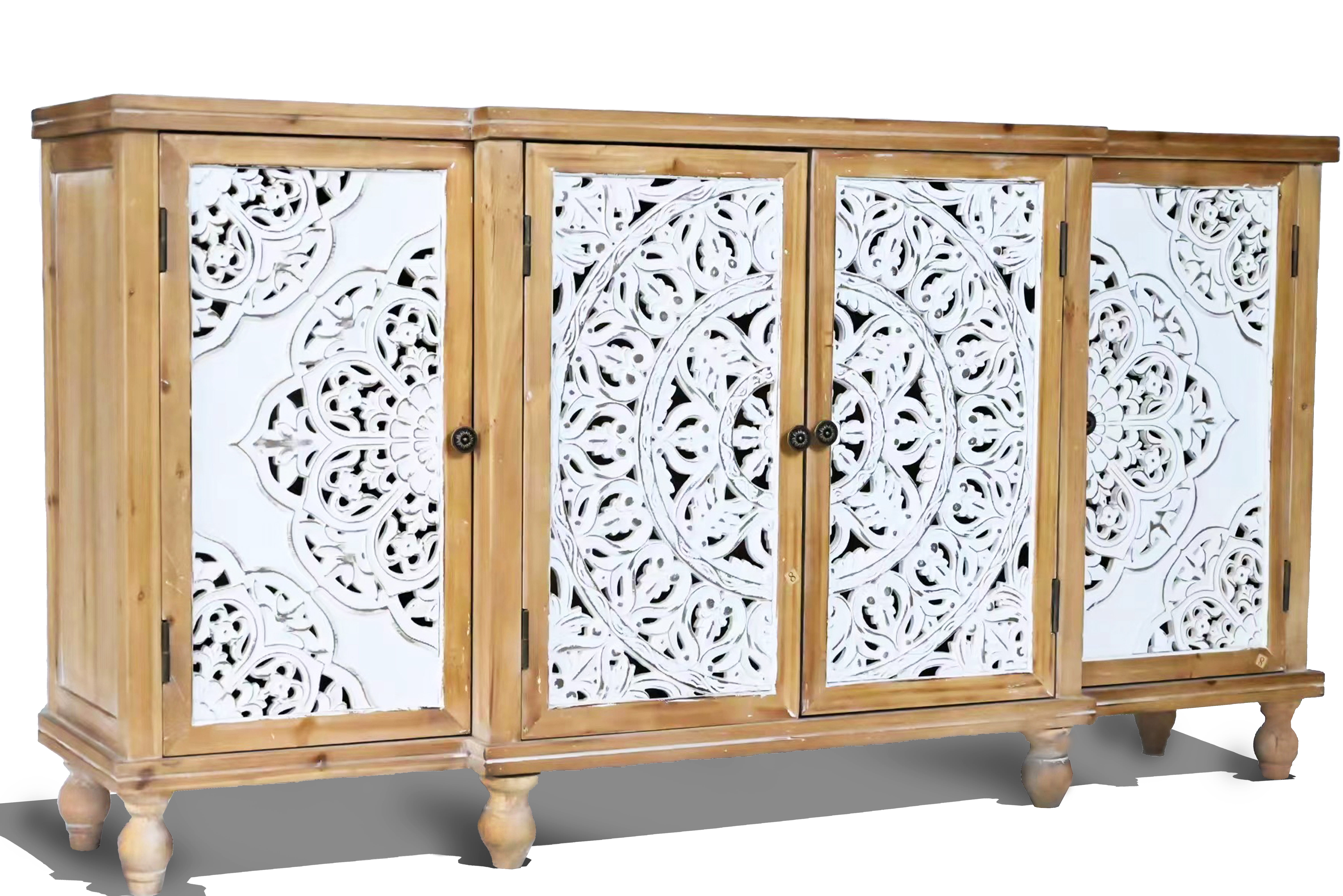 4-Door Hollow-Carved Accent Cabinet, Distressed Wood Storage Cabinet Cupboard with Adjustable Shelves, for Kitchen, Dining Room, Living Room, Entryway, Natural wood
