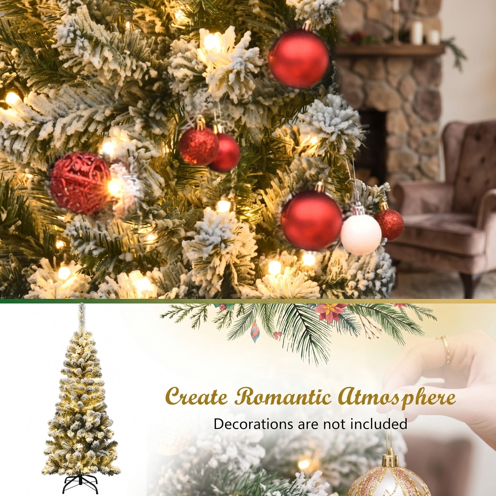 RUIE 4.5 FT Pre-Lit Snow Flocked Pencil Christmas Tree with 150 Warm White LED Lights, 242 Branch Tips, Artificial Slim Xmas Tree with Foldable Metal Stand for, White