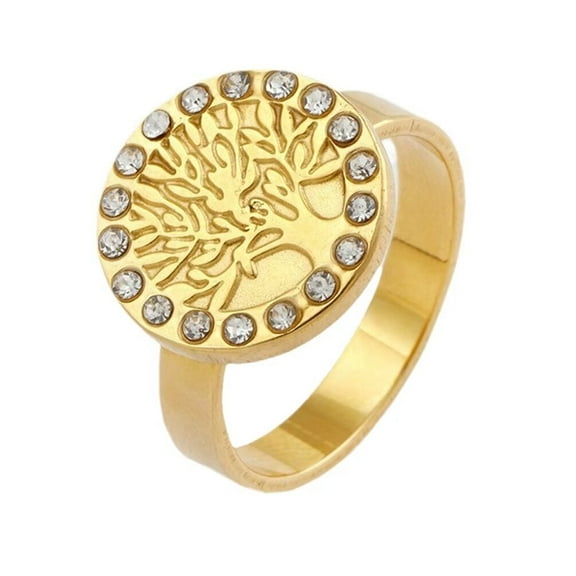 PAMTIER Women's Stainless Steel Round Tree of Life Cubic Zirconia Inlay Ring Gold Size 9