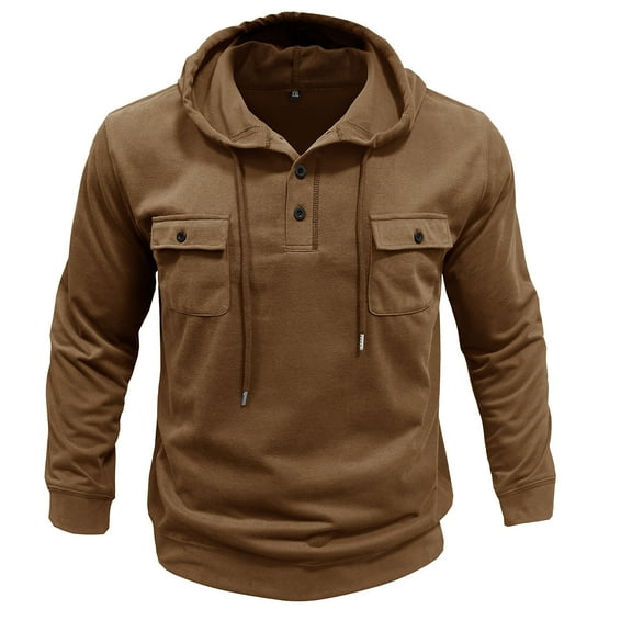 Chiccall Men's Button Up Hooded Sweatshirt Vintage Casual Long Sleeve Drawstring Pullover Outdoor Cargo Hoodies with 2 Button Pockets