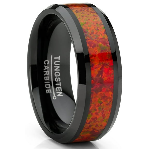 Metal Masters Mens Red Fire Crushed Opal Tungnsten Wedding Band Ring Black 8mm Comfort-Fit