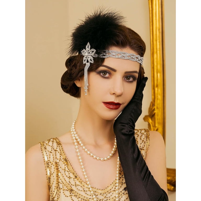 1920s Flapper Headband, Rhinestone Feather Hair Band Great  display picture 3