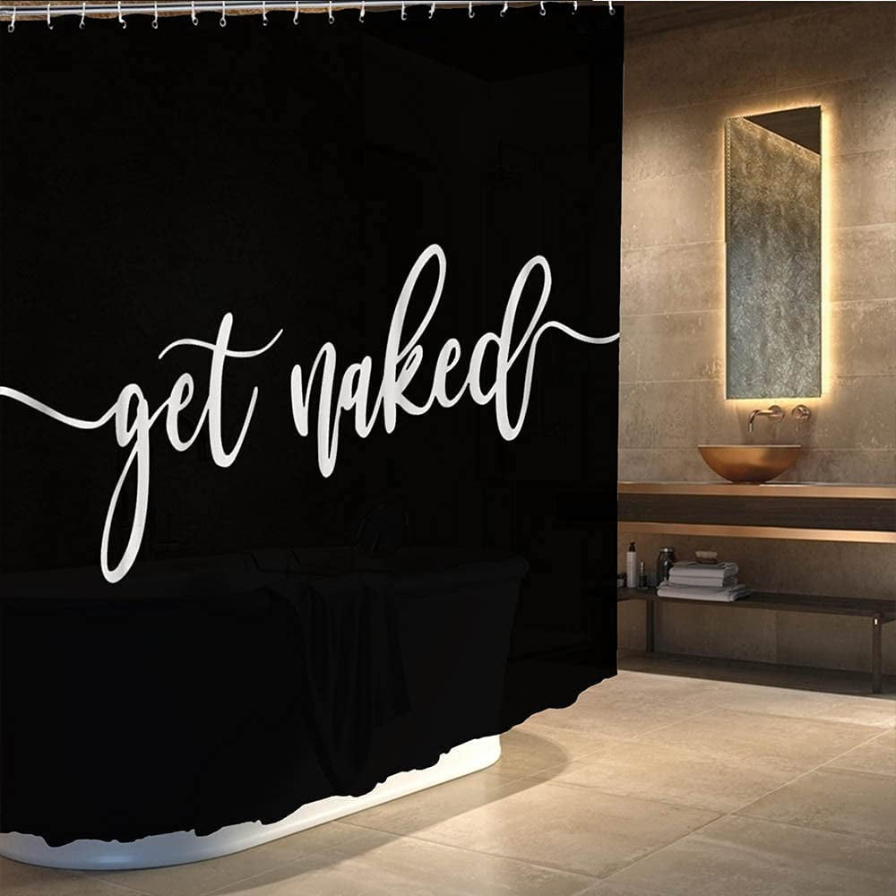 Shower Curtain Funny Cute Get Naked White Words Black Background Simple Design Machine Washable Fabric Bathroom Decor Set with Hook Bath Curtain 72 x 72 inches