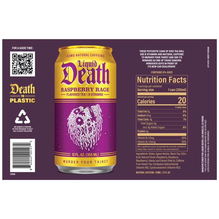 Liquid Death, Raspberry Rage Iced Tea, 6-Pack (12 fl oz Cans