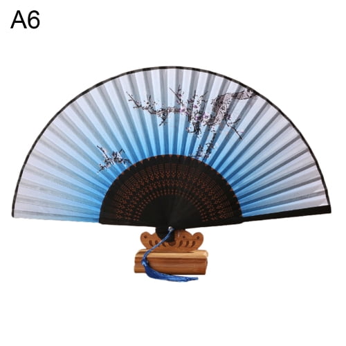 Japanese Silk Vintage Handheld Folding Fan with Cherry Blossoms Prints Bamboo US 