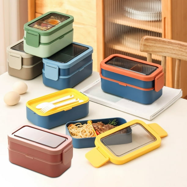 Contenedor de fiambrera con compartimento aislado para adultos – recipiente bento impermeable • Plástico apto para microondas • 1350 ml Gran capacidad • Multicolor • Incluye tenedor y cuchillo •