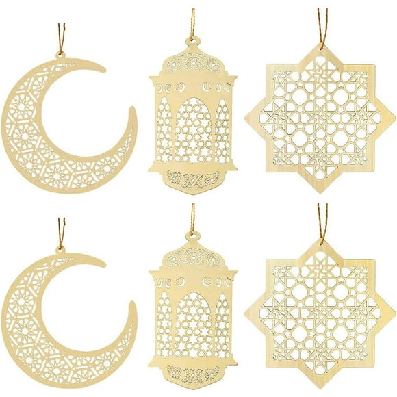 6 Pièces Ornements en Bois Eid al-Fitr, Ornement Eid Bricolage Décorations avec Pendentif Lune Vent Forme Ornement pour Musulman Eid Mubarak