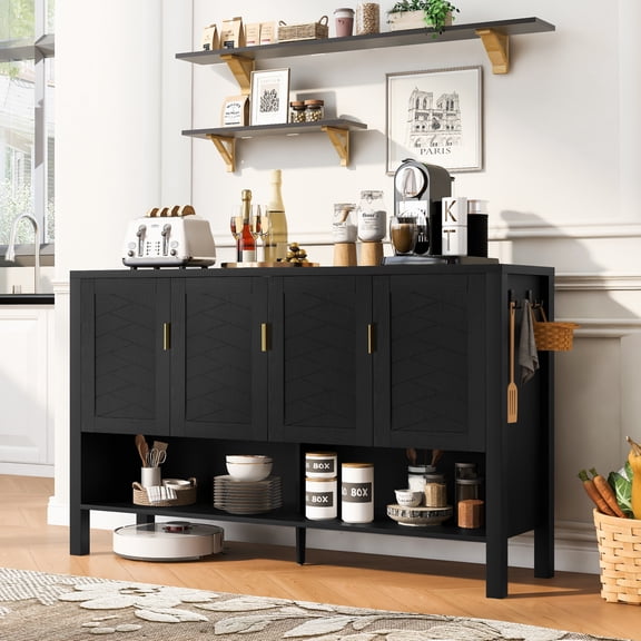 Leumius 55'' Sideboard Buffet Cabinet with 3 Drawers and 4-Doors,Kitchen Storage Cabinet with Open Shelf and 2-Tiers Adjustable Shelves,Double Hooks,Suitable for Living Room, Hallway, Dining,Black