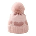 thumbnail image 2 of Winter Children Hat Heart Print Color Matching Plush Ball Decor Soft Thick Knitted Elastic Anti-slip Ear Protection Warm Windproof Unisex Beanie, 2 of 8