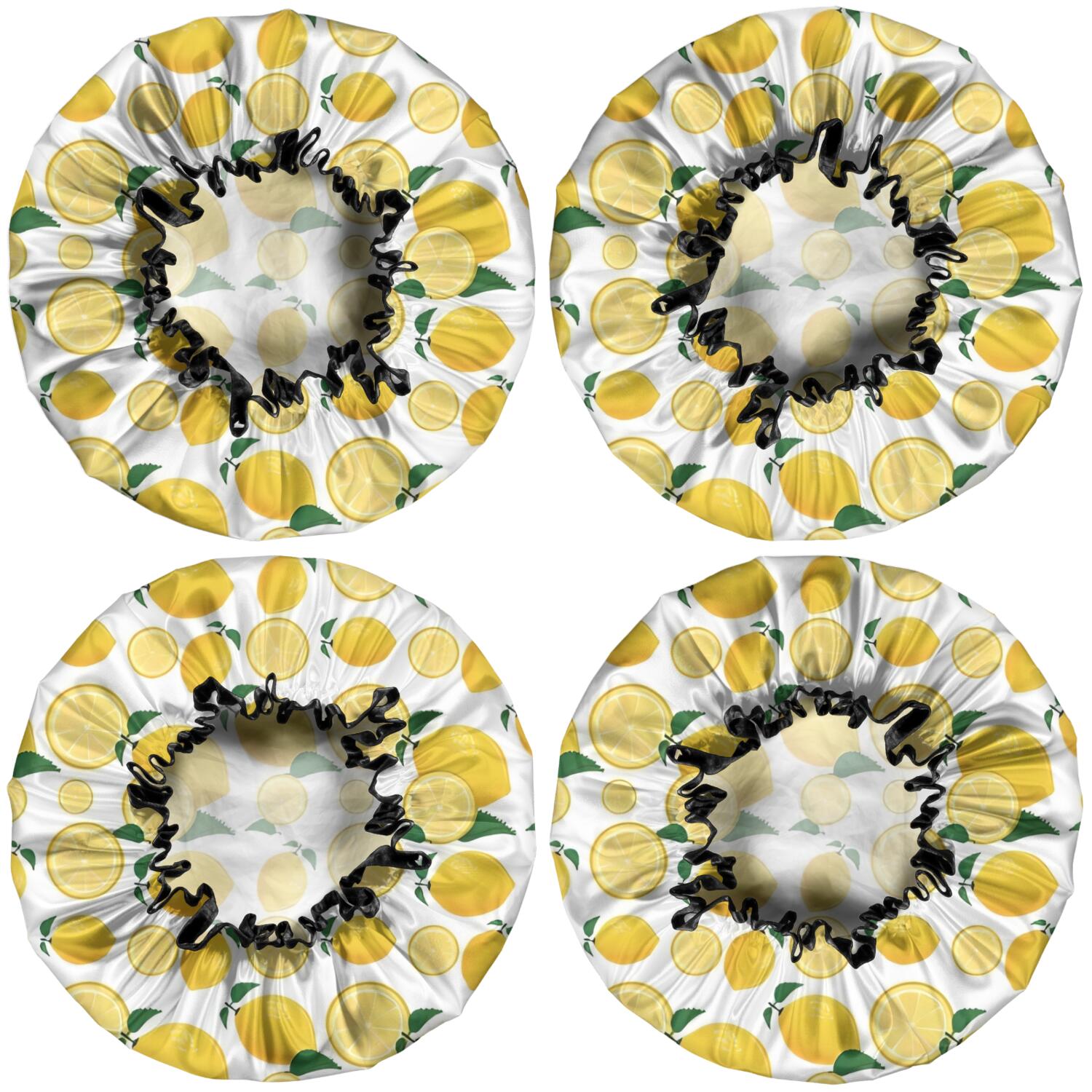 Shower Caps,Yellow Lemon Fruit Slices White Pattern Waterproof Shower Cap for Women 4 Pieces,Double Reusable Hair Cover for Shower PEVA Elastic Stretch Hem