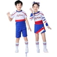thumbnail image 3 of Long Sleeves Blue Girl Cheerleading Costume Uniform Kids Women Cheerleader Dance Outfit Round Neckline Patchwork Style Pompoms, 3 of 3