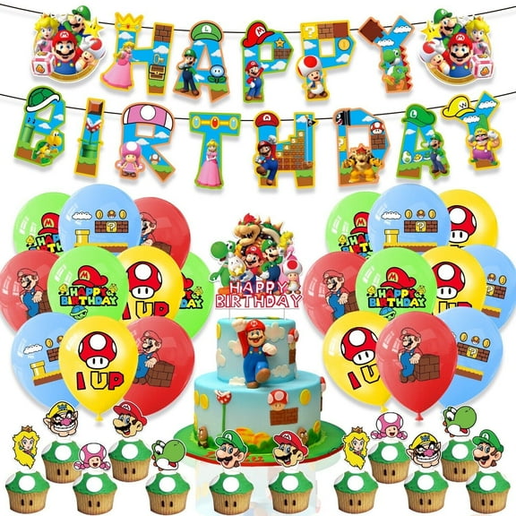 Super Mario Bros.  Theme Birthday Party Supplies, Birthday Decorations Set Include Banner Balloons Cake Toppers Cupcake Topper for Boys Girls Video Game Theme Party