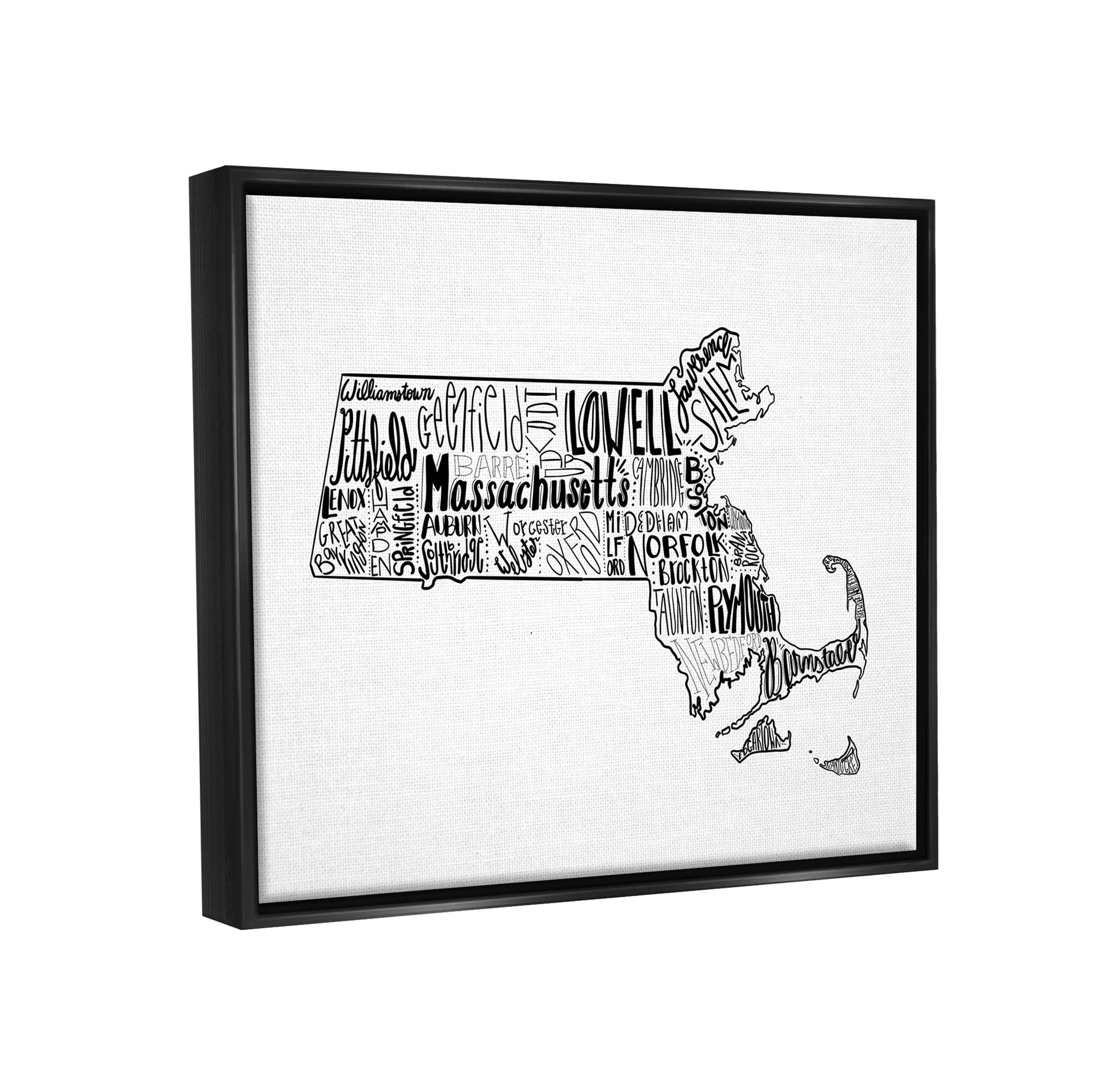 Stupell Industries Massachusetts State Cities Typography Graphic Art Jet Black Floating Framed Canvas Print Wall Art, Design by The Saturday Evening Post