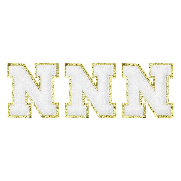 Unique Bargains Lettres en Chenille N Patchs Grande Taille 80mm/3.15 Pouces Paillettes Dorées pour Vêtements, Chaussures, Chapeaux 3 Pcs(Blanc)