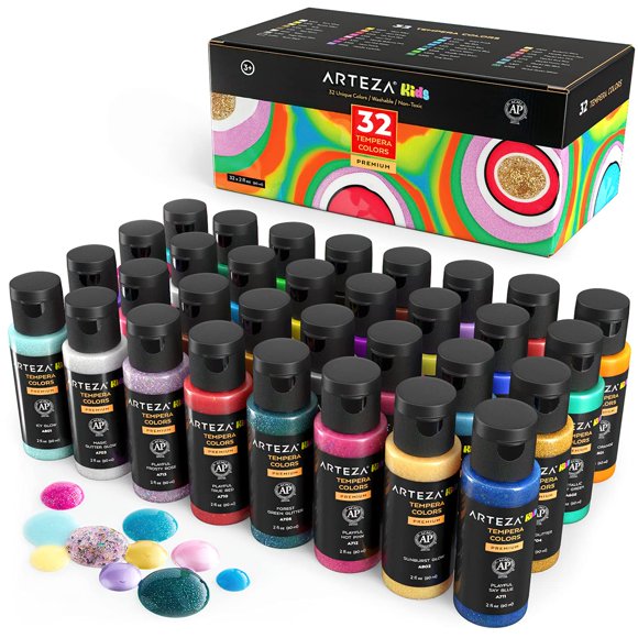 Arteza Tempera Peinture Lavable pour Enfants, Ensemble de 32, Bouteilles de 2,03 Oz/60 ml, Peinture pour Affiches pour Peinture de Citrouille d'Halloween, Projets d'Artisanat, Peinture à l'Éponge et Peinture au Doigt, Comprend Néon, g