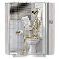 Funny Skeleton Shower Curtain,Black White Hilarious Skull Reading Newspaper Bathroom Curtains,Halloween Restroom Bathtub Home Gothic Decor Fabric with Hooks,69X70 IN