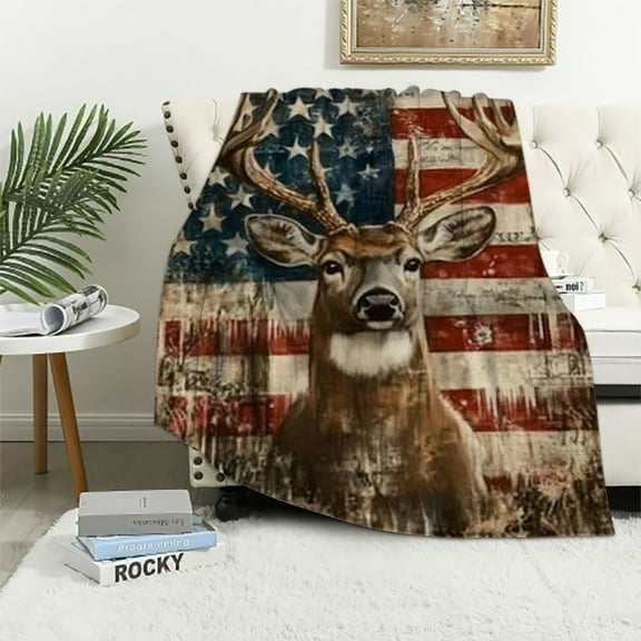 SHERONV Hunting Deer Blanket Deer Gifts for Hunter Boys Men American Flag Hunting Deer Pictures Throw Blanket for Couch Sofa Bed Soft Warm Flannel   e for Adults   40x50in
