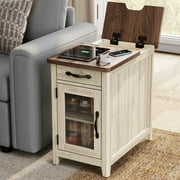 LINSY HOME End Tables for Living Room with Charging Station, Nightstand for Bedroom with Drawer and Detachable Holder,Washed Grey & Brown