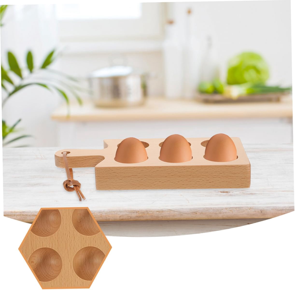 ABCISI Wooden Egg Tray with 6 Compartments and Handle, Deviled Egg Board Platter Holder for Refrigerator Kitchen Countertop Organizer, 8.66X4.33X1.06 Inches