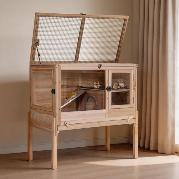 Aivituvin Guinea Pig Cage Indoor Rabbit Hutch with Chew-Proof Edges - Natural Wood