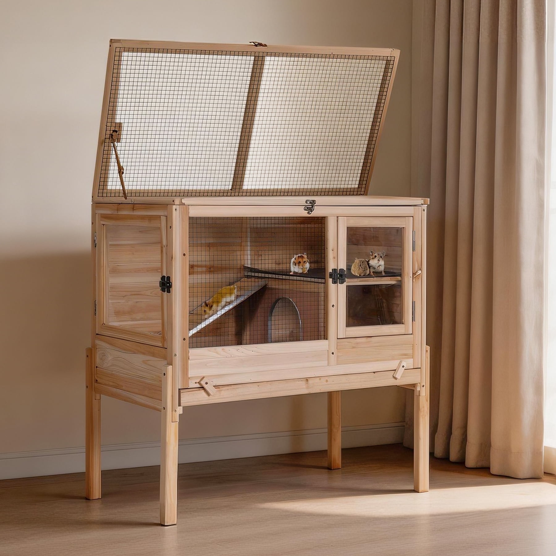Aivituvin Guinea Pig Cage Indoor Rabbit Hutch with Chew-Proof Edges - Natural Wood