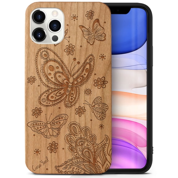 Case Yard Wooden Case Outside Soft TPU Silicone, Slim Fit Shockproof Wood Protective Phone Cover for Girls Boys Men and Women, Supports Wireless Charging Butterflies Design case for iPhone-11-Pro-Max