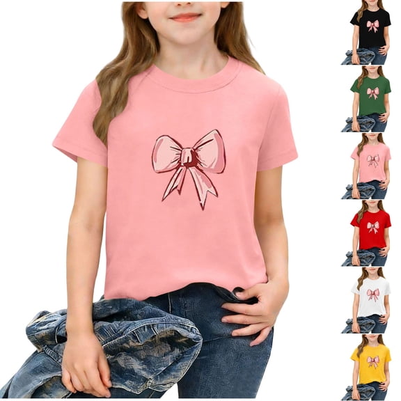 Bovxnpu Girls Short Sleeve T Shirts Kids Summer Tops Graphic Bow Print Crew Neck Versatile Girls Tees