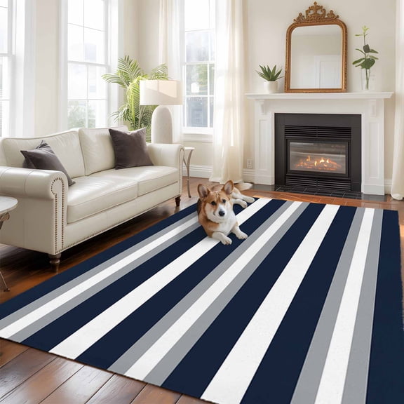 6'x9' Area Rugs, Navy Blue Grey Striped Indoor Outdoor Area Rug for Living Room Bedroom, Farmhouse Stripes Minimalist Washable Bathroom Rugs Kitchen Floor Carpet Mats Home Decor Aesthetic