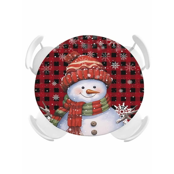 Round Tablecloth Christmas Snowman Elastic Edge Fitted Winter Snowflakes Plastic Table Cover,Waterproof Oil Proof for Dinner,Outdoor, Picnic, 36" - 44"  DIA Tables Red Black Buffalo Plaid