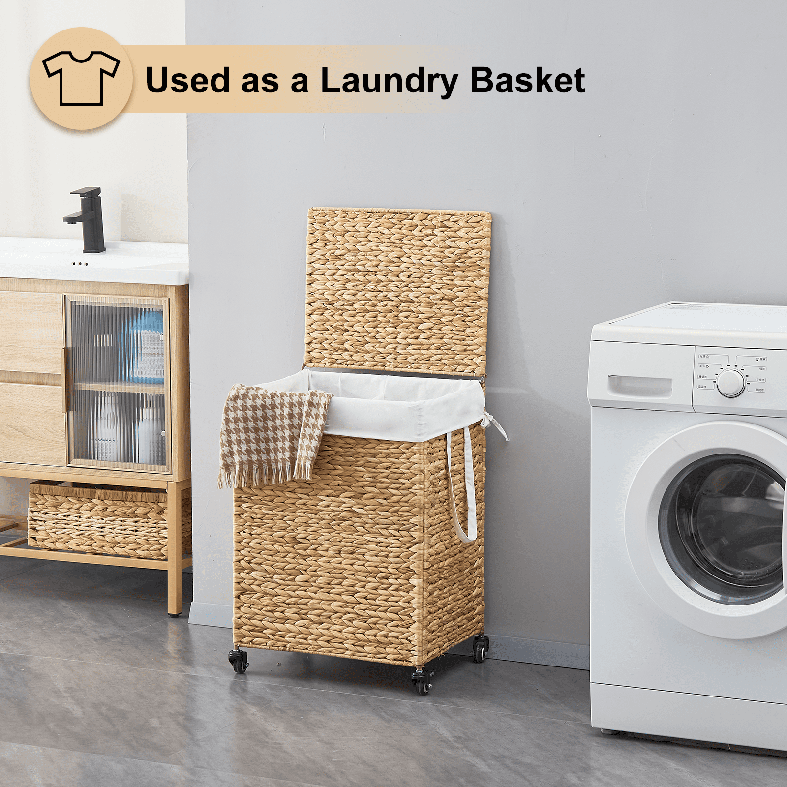 100L 2-Section Laundry Hamper with Lid and Wheels, Woven Natural Water Hyacinth