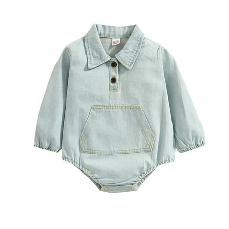 

Baby Boys Girls Long Sleeve Solid Lapel Patchwork Romper Bodysuit Outfits Clothes