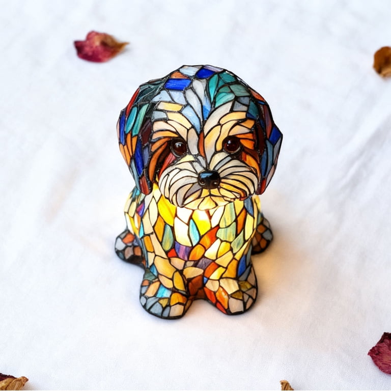 Vintage Stained Glass Dog Tabletop Night Light – USB LED Puppy Lamp, Cute Resin Decor For Bedroom & Nursery