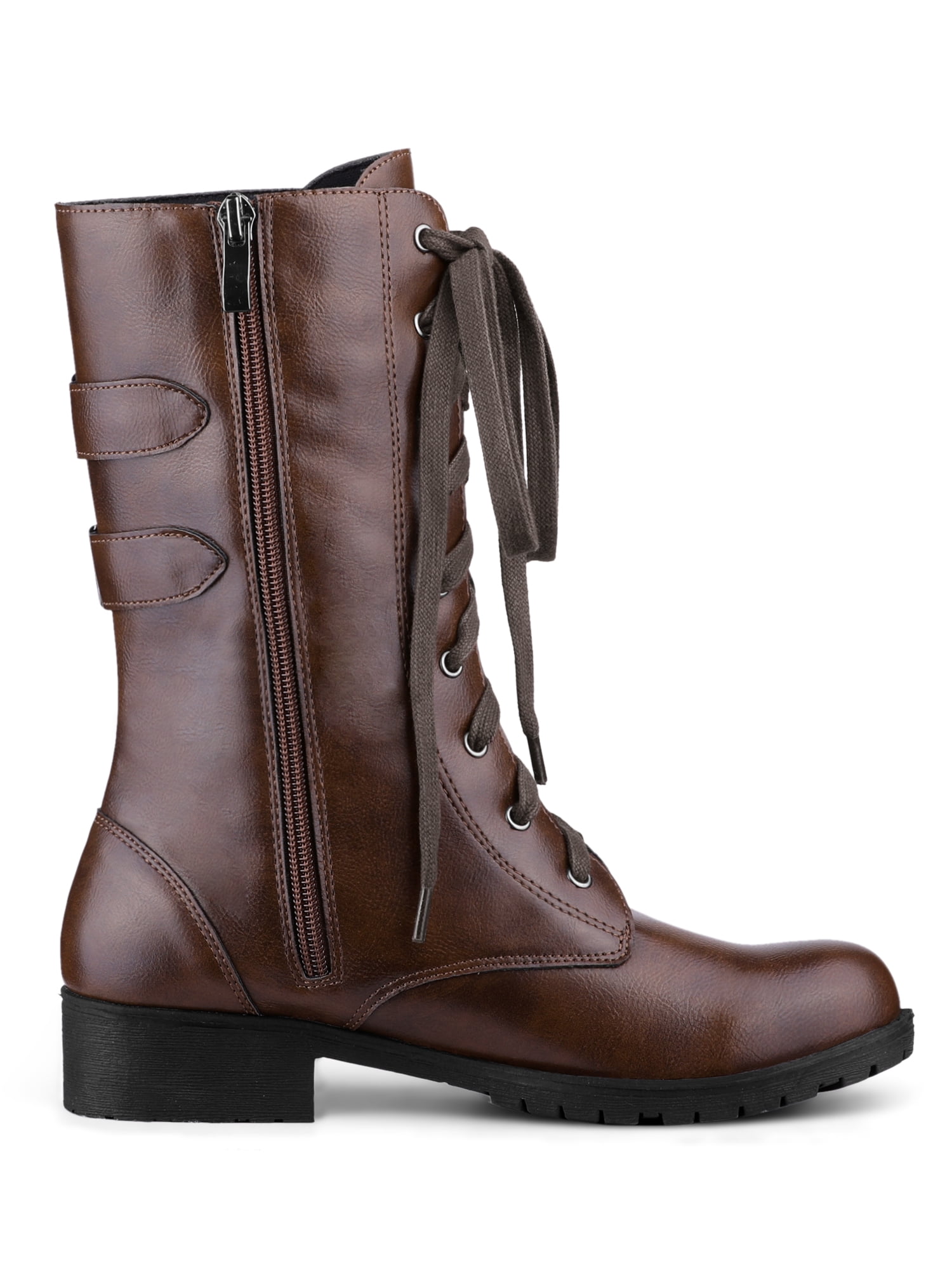 Women's Double Buckle Side Zip Lace Up Mid Calf Boots Dark Taupe (Size 9) Women's Double Buckle Side Zip Lace Up Mid Calf Boots Dark Taupe (Size 9)