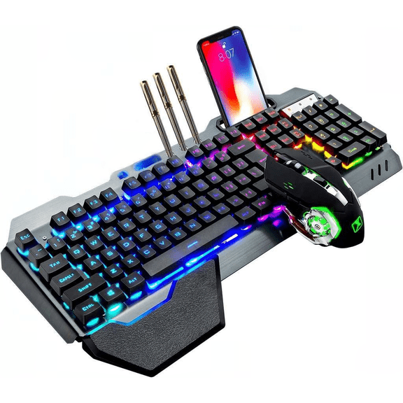 Wireless Gaming Keyboard and Mouse Combo with RGB Backlight Rechargeable Metal Panel Keyboard and Mute Gaming Mouse