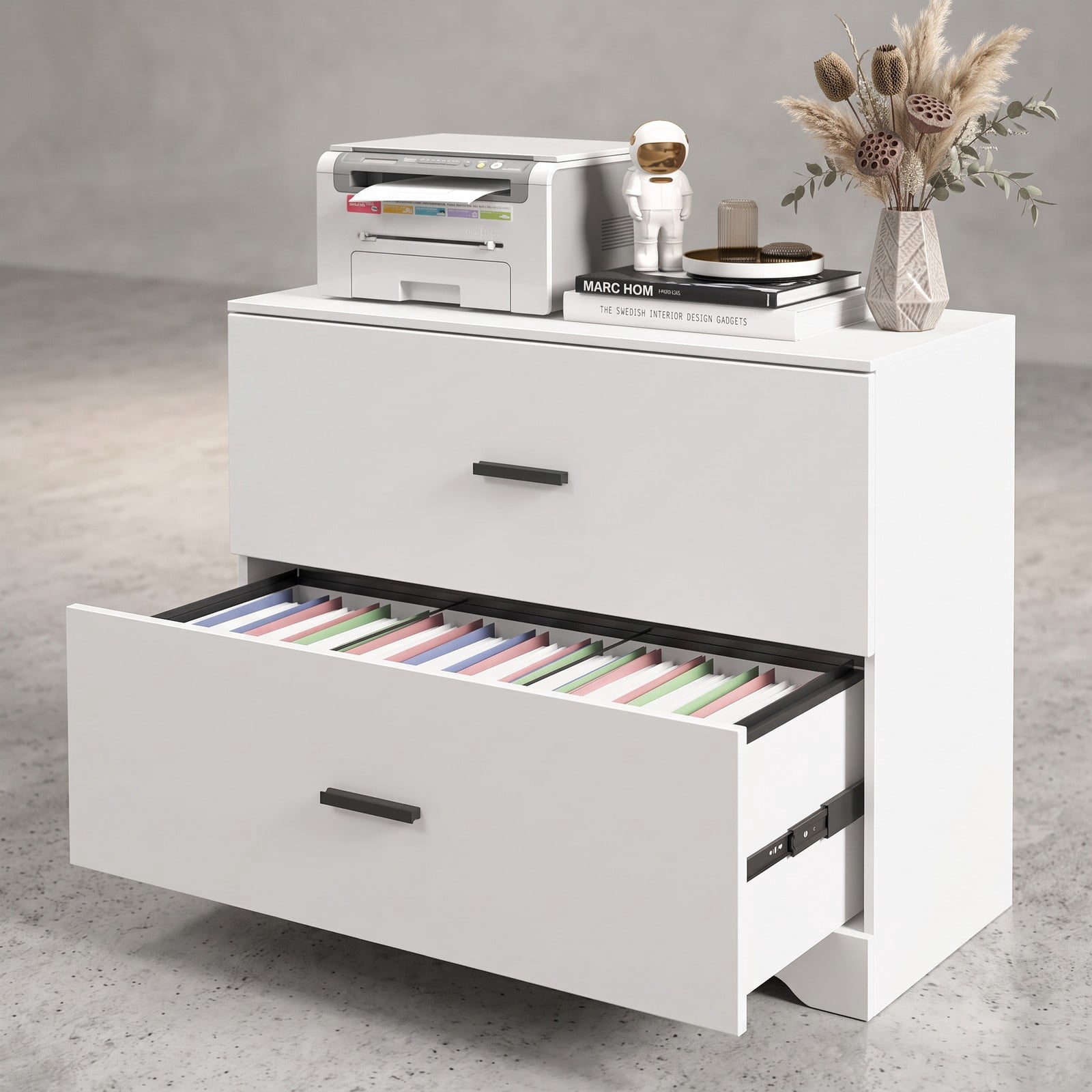 Furnibear 2-Drawer Lateral File Cabinet with Adjustable Bars, Wood Filing Storage Cabinet for Letter Legal A4 Documents, Anti-Tilt Home Office Printer Stand, White