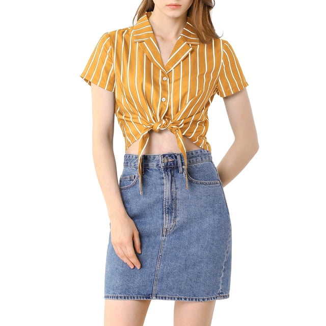 INSPIRE CHIC Women's Stripe Button up Short Sleeve Tie Front Short Shirts S Yellow