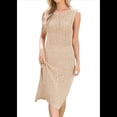 thumbnail image 2 of Vestido de Punto Sin Mangas para Mujer 2025, Cuello Redondo, Abertura Lateral, Ajustado, de Punto, Midi, Caqui, Talla M, 2 of 10