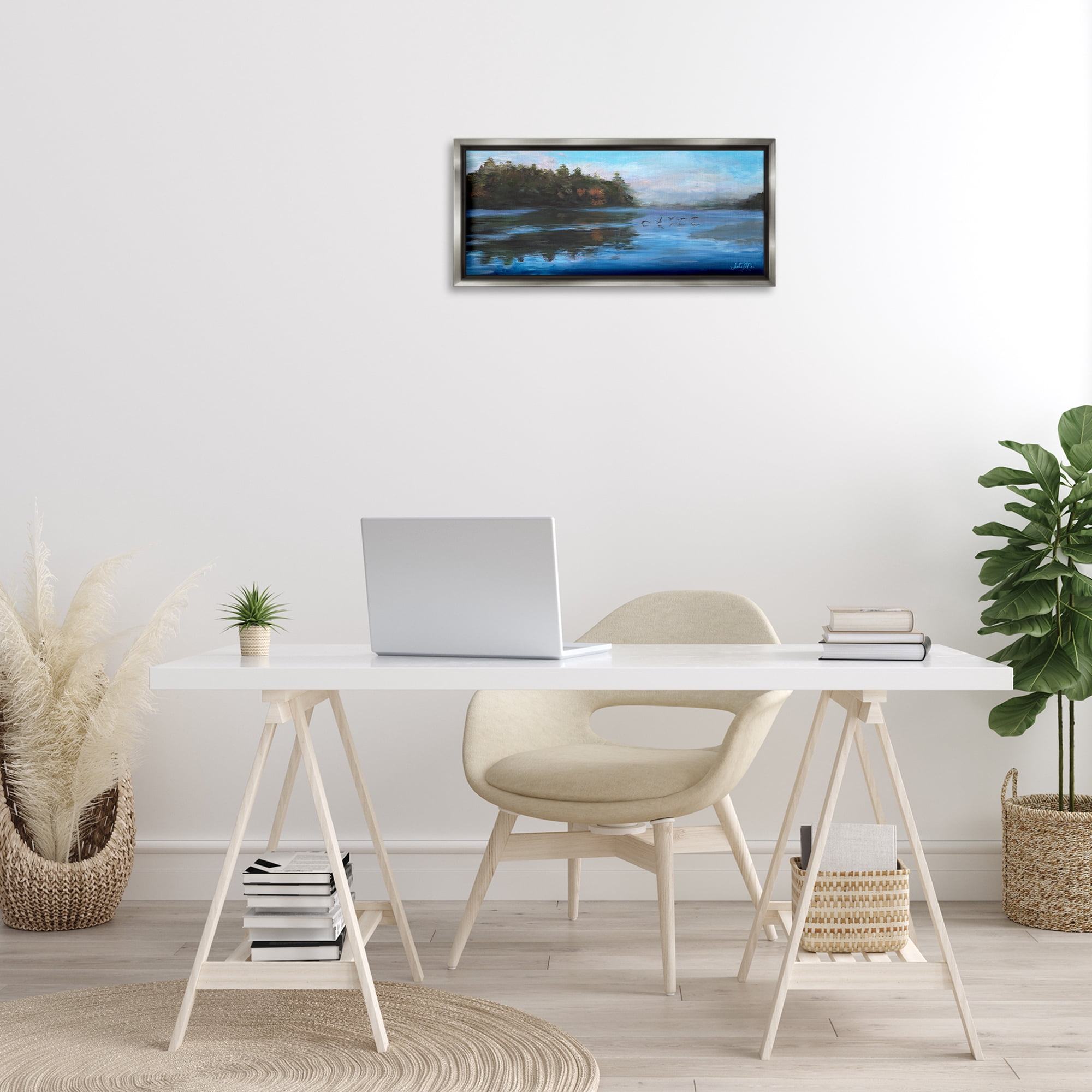 Stupell Industries Birds Along River Landscape Painting Gray Floater Framed Art Print Wall Art, 25 x 11