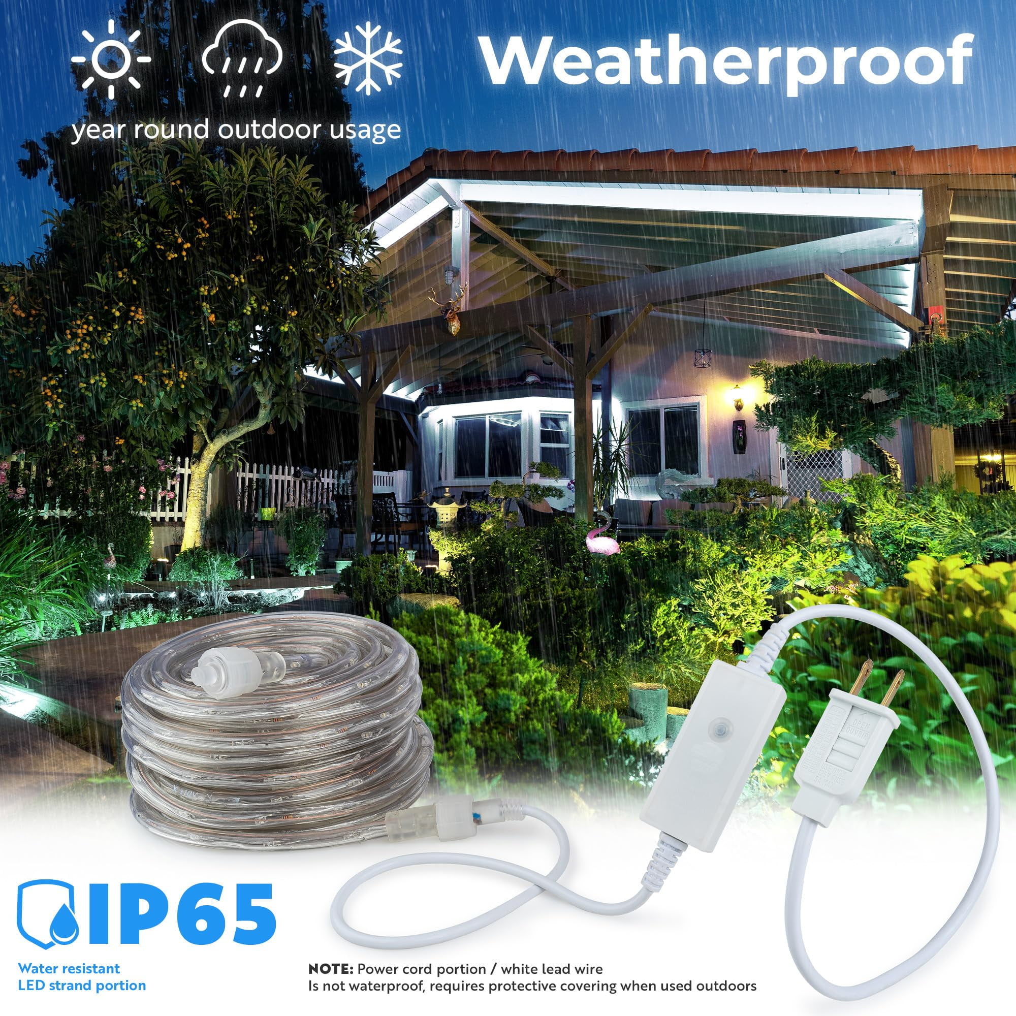 West Ivory 190LEDs, 25ft Cool White Outside LED Rope Light, 8 Modes, Connectable Outdoor Permanent Waterproof Accent Exterior Lighting, PVC Case, Holiday, Backyard Patio, Home Garden, Decorative