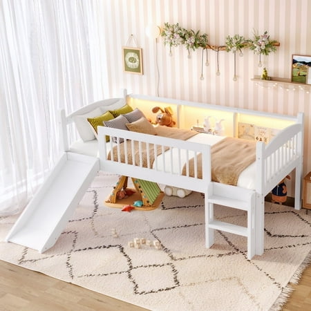 Bellemave Low Loft Bed Twin with Slide, Loft Bed with Bookcase and LED Lights, Wood Twin Size Loft Beds Frame with Storage Shelves, No Box Spring Needed (White)