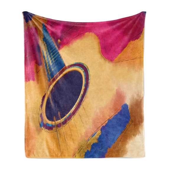 Guitar Soft Flannel Fleece Throw Blanket, Abstract Strings Pattern Watercolor Effect Vintage Inspirations, Cozy Plush for Indoor and Outdoor Use, 70" x 90", Violet Blue Magenta, by Ambesonne