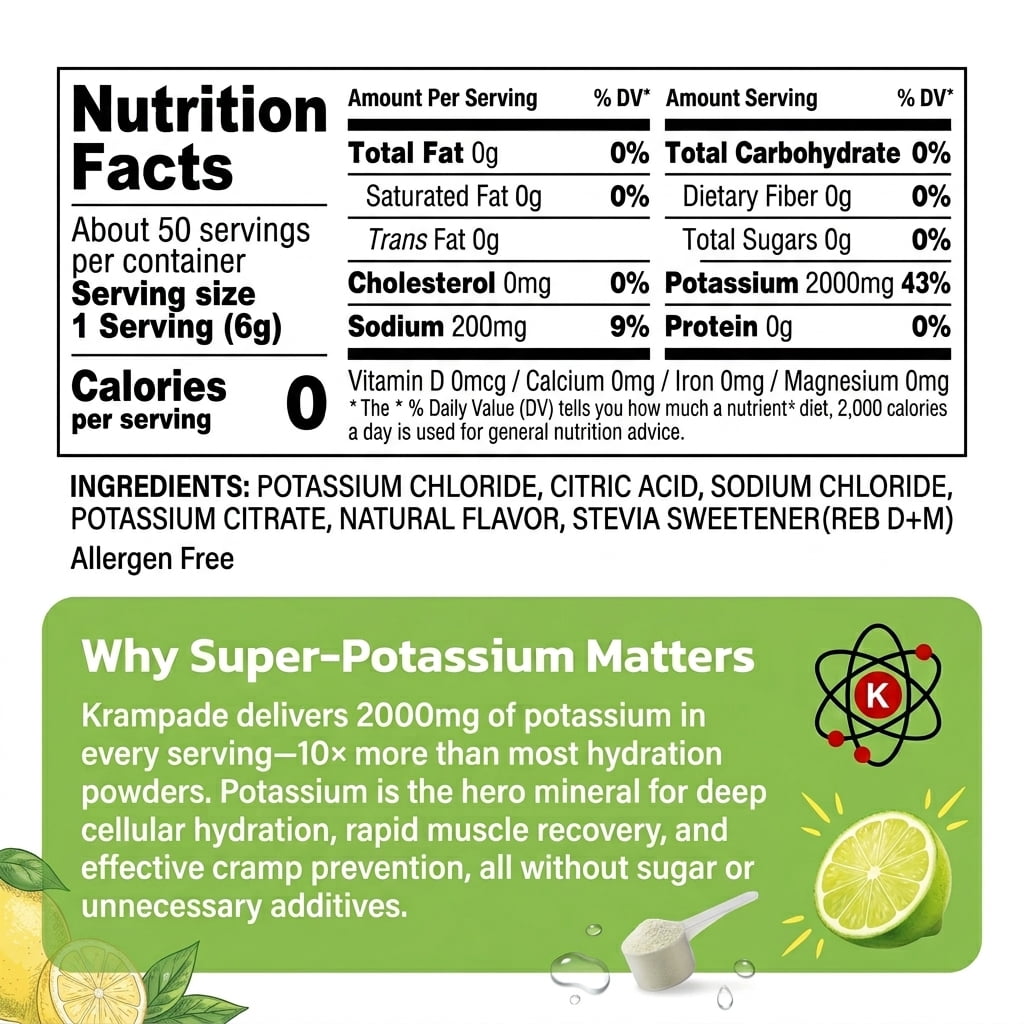 Krampade High Potassium Electrolytes Powder Zero Sugar Lemon Lime, Cramp Relief, Keto, 50 Servings