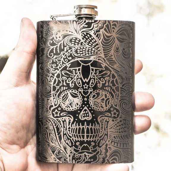 Hip Flask Plus Stainless Steel 8oz Black Flask - Sugar Skull Pattern