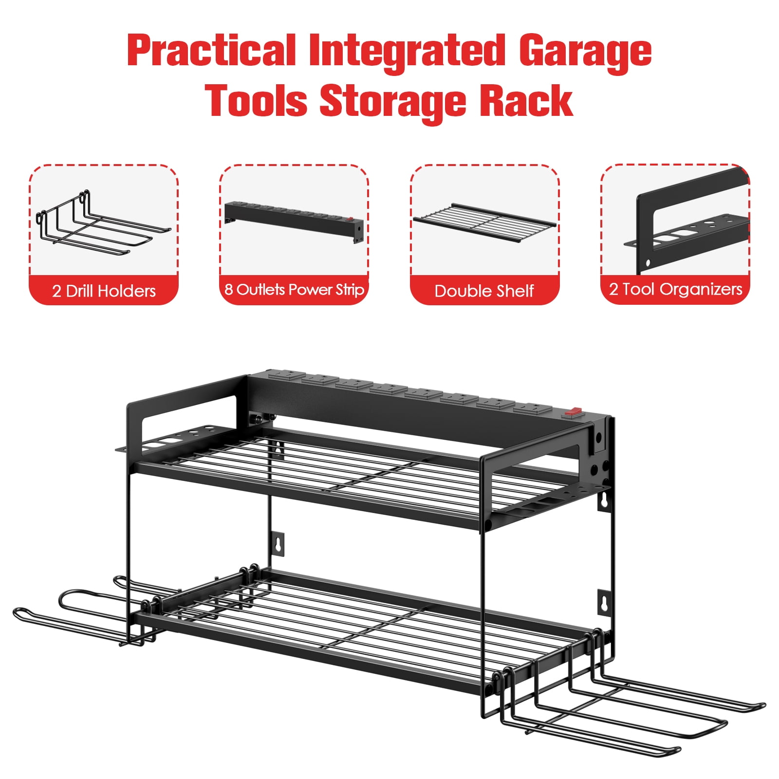 VILONG Power Tool Organizer with Charging Station–Cordless Drill Holder&Battery Storage Rack–Garage Wall Mount Tool Shelf Heavy Duty,Gift for Men,Black