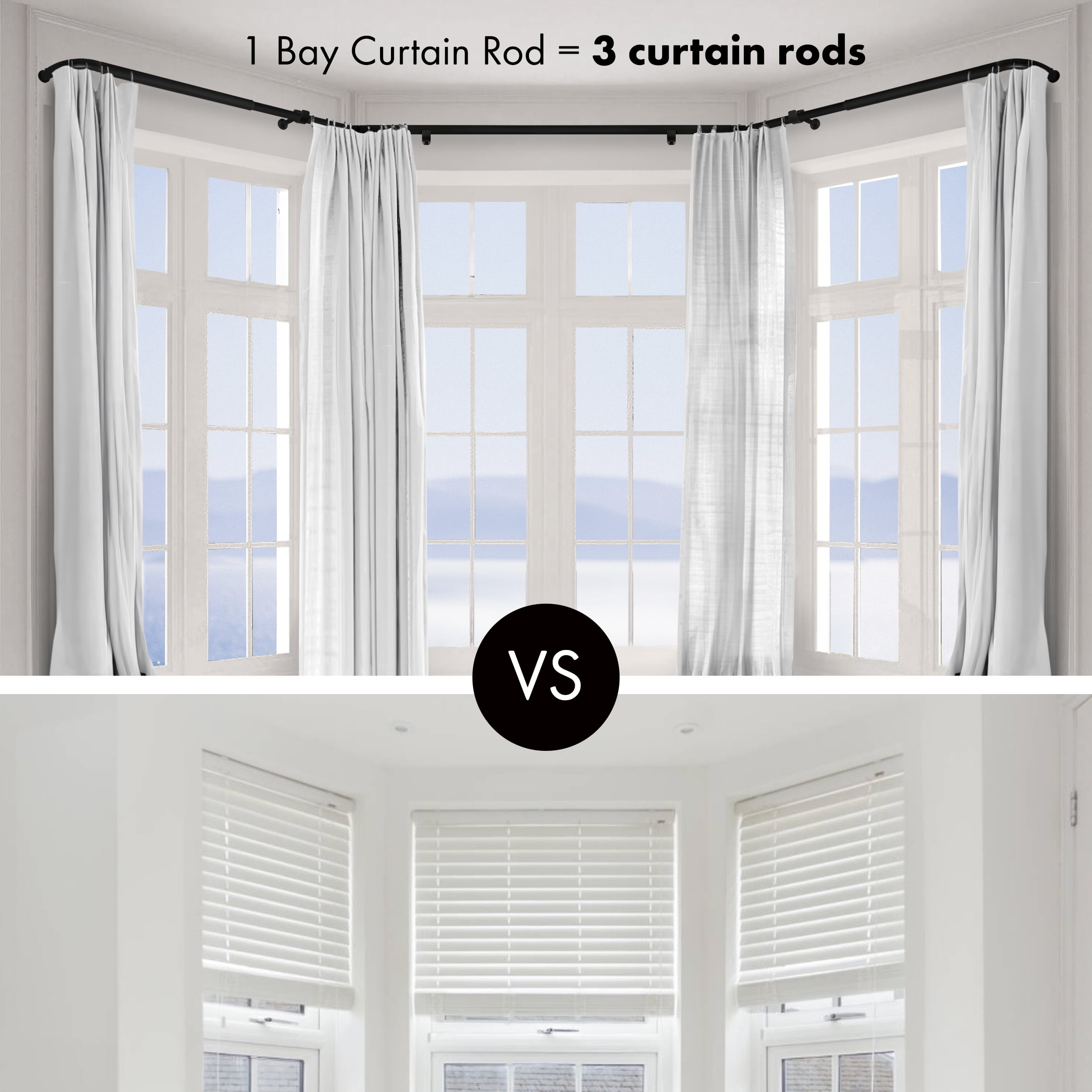 MERIVILLE 1" Bay Window Curtain Rod Set, Adjustable Side 20–37" and Center 38–72", Single Rod, Black