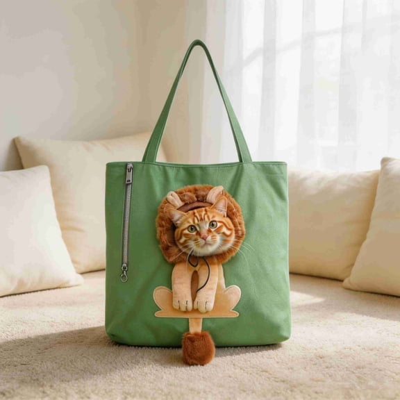 Lion-Shaped Pet Canvas Shoulder Bag Portable Cat Carrier Tote Bag Breathable Dog Carrying Case Outdoor Travel Handbag for Small Cat Dog Pet